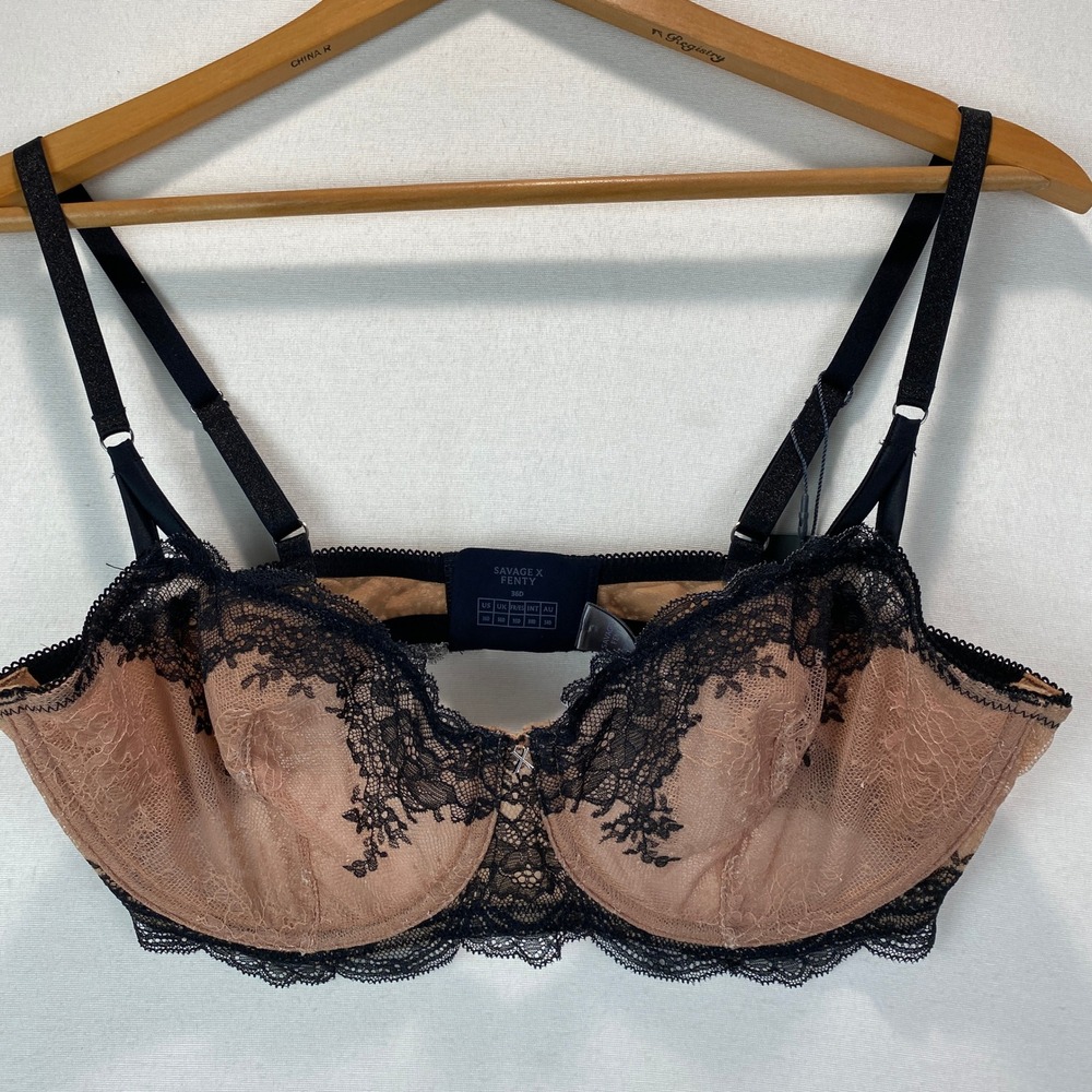 Savage X Fenty Unlined Lace Underwire Bra Women 36D Black Nude Floral Strappy